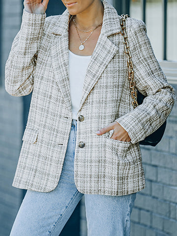 Airchics manteau courte carreaux boutonnage avec poches col revers tweed femme élégant